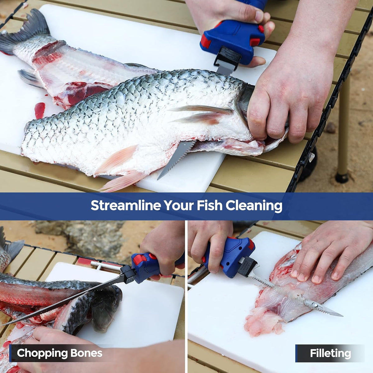 Electric Fillet Knife Cordless Rechargeable Fishing Knife with 4 Titanium Plating Stainless Steel Blades, 12V High Torque Motor with 2 2.0Ah Batteries and Charger,Fishing, Filleting, Outdoors