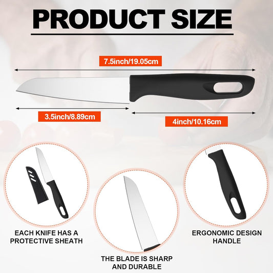 50 Pcs Paring Knives with Cover 7.5 Inch Sharp Stainless Steel Knife with Ergonomic Plastic Handle and Blade Cover for Fruit Vegetable Kitchen, Black