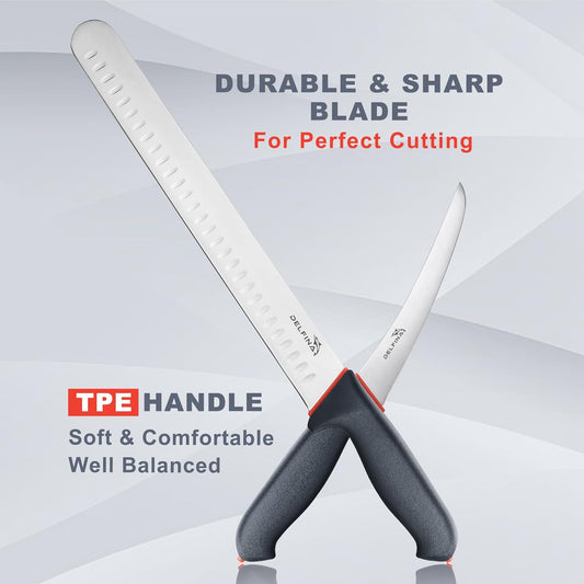 Professional 2 Piece BBQ & Butcher Knife Set, Japanese Style Premium Stainless Steel Chef Knife Set W/SoftGrip Handle, Multi-Purpose Slicing & Boning Knife Set for Kitchen Home Restaurant