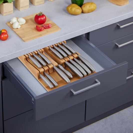 Knife Holder Drawer for 9 Knives and Sharpening Steel, Bamboo Knife Block Lying Down H x W x D: 5.5 x 13 x 40 cm, Natural