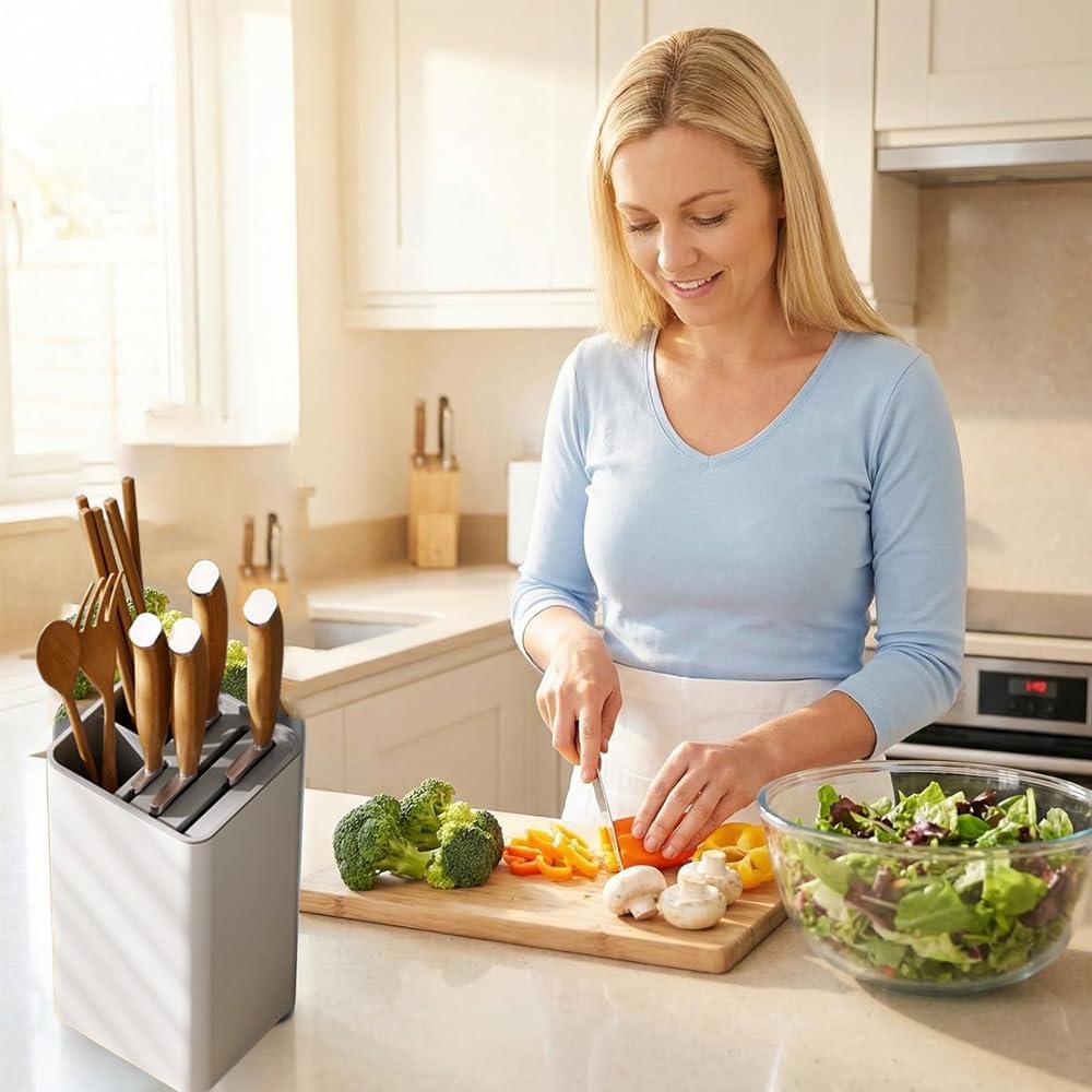 Universal Kitchen Knife Block Holder,Knife Stand Without Knives,Knife Counter-top Storage with Scissors-Slot,Space-Saving Knife Storage Organizer