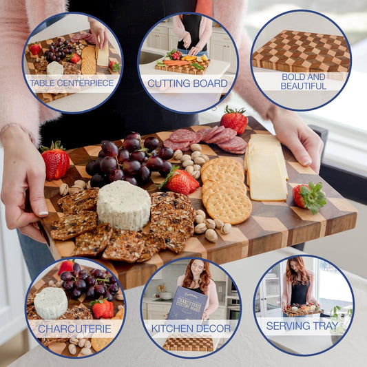 Handcrafted 3-D Checkered Acacia Wood Cutting Board - Reversible End Grain Large Butcher Block Cutting Board Serving Tray for Prep & Presentation - Multipurpose Wooden Charcuterie Board with Handles