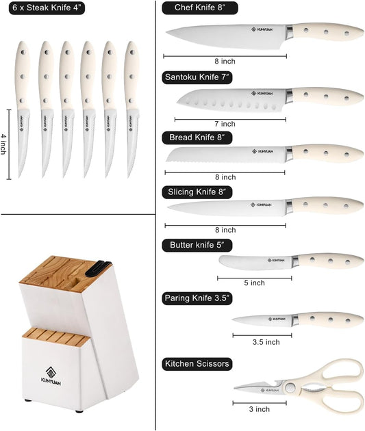 Knife Set, 15 pieces Knife Sets for Kitchen,High Carbon German Stainless Steel Knife Block Set with Built in Sharpener Block,Dishwasher Safe Kitchen Knives, White