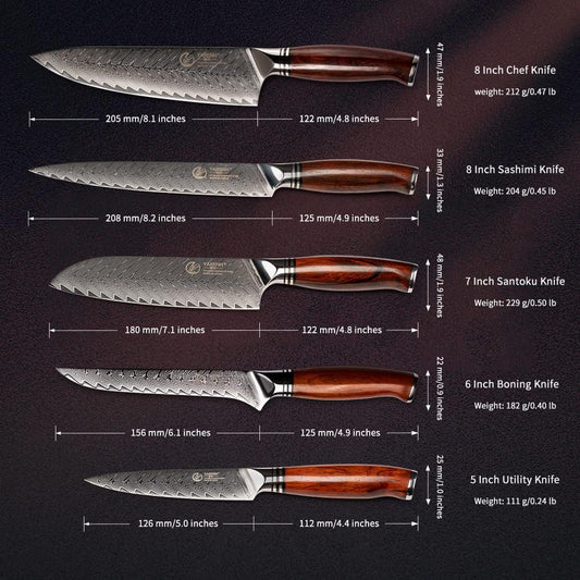 Kitchen Knife Set with Block, 8 Piece, Sharp Professional Chef Knife, 73 Layers Damascus High Carbon Stainless Steel, Full Tang Sandalwood Handle, Gift Box
