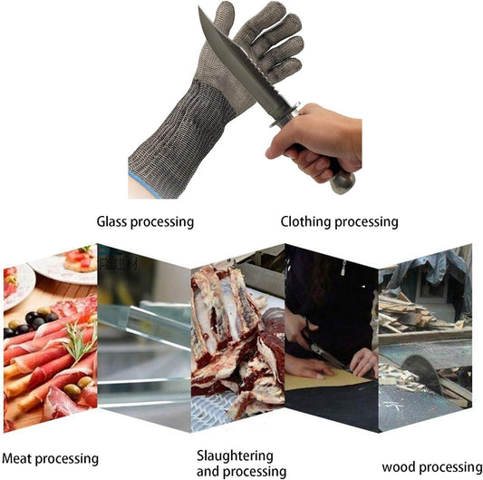 Cut Resistant Glove with Arm Protection Sleeves 316L Stainless Steel Mesh Metal Glove Level 9 Butcher Metal Glove for Meat, Fish Fillet, Oyster