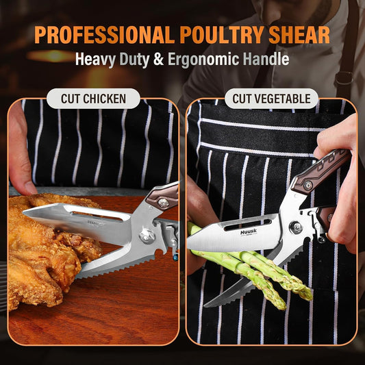 Huusk Heavy Duty Poultry Scissors - Kitchen Scissor for Food Brown | Serrated Edge, for Cutting Meat, Chicken and Bone, Detachable Sharp Shears, Gift Box
