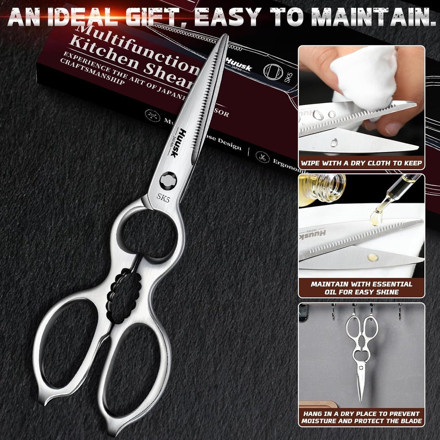 Huusk Heavy Duty Poultry Scissors - Kitchen Scissor for Food Brown | Serrated Edge, for Cutting Meat, Chicken and Bone, Detachable Sharp Shears, Gift Box