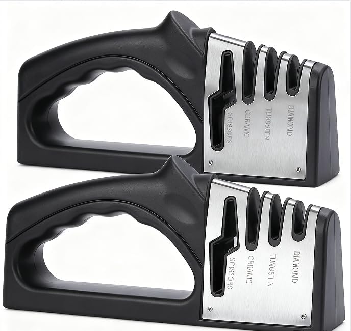 4-in-1Manual Knife Sharpener Suitable for kitchen knives, fruit knives, steel knives, scissors, and 3-level precision sharpening.Non slip base, suitable for home use (black) (1)