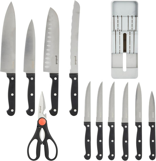 Knife Set High Carbon Stainless Steel Full-Tang Kitchen Knives with in-Drawer Storage Block, Set Includes Six Serrated Steak and Santoku Bread Paring and Utility Knives, 12-Piece Set, Black