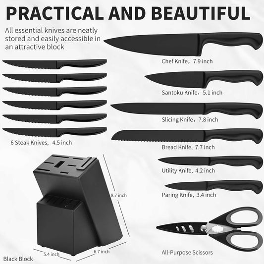 Black Knives Set, 15-Piece Stainless Steel Kitchen Knife Block Sets with Built-In Sharpener, Professional Knife Set with Scissors, Steak Knives