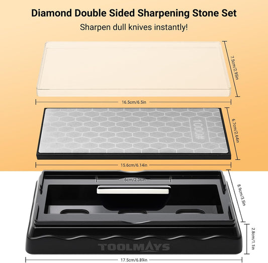 Sharpening Stone Double-Sided Grit 400/1000, Diamond Honeycomb Surface Plate, Knife Sharpener Stone with Angle Guide and Non-Slip Base for Outdoor Kitchen Sharpen Tools