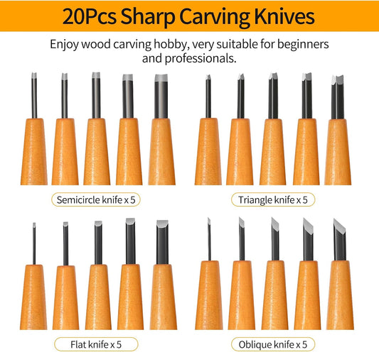 Wood Carving Tools Set - 20 Pcs Wood Carving Knife Set Beginner Whittling Kit with Canvas Case for Adults Children, Carving DIY Wood Carving Kit - Perfect for Beginners and Experts