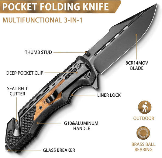 Pocket Knife DA76, 3-in-1 Pocket Knife for Men Box Cutter | 3.7“ 8Cr14MoV Blade Folding Hunting Survival Knife w/ Seat Belt Cutter & Glass Breaker,Tacical Knife Ideal Gift for Men Women