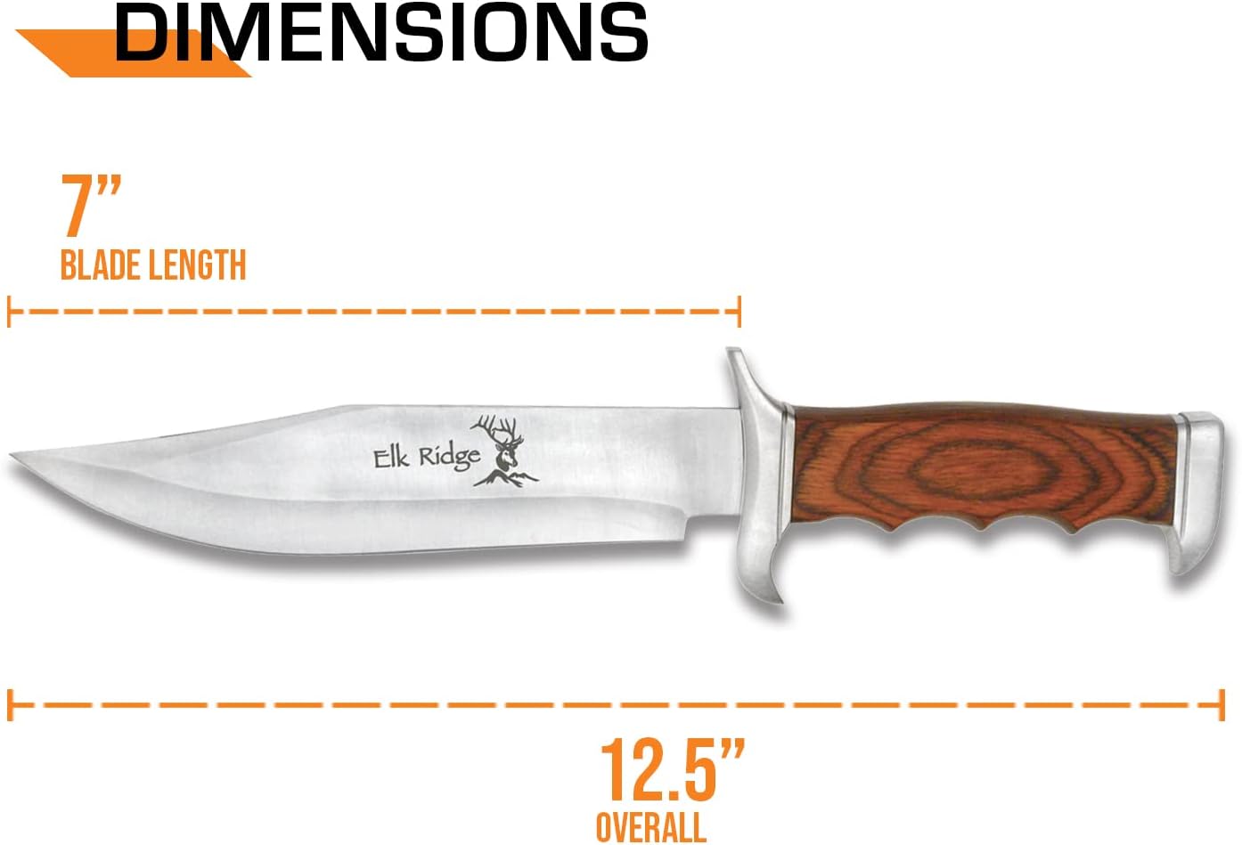 Outdoors Fixed Blade Knife - 12.5-in Overall, Satin Finish Stainless Steel Blade, Wood Handle, Includes Nylon Sheath - Hunting, Camping, Survival - ER-012