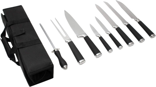 9-Piece Kitchen Knife Set in Carry Case - Ultra Sharp Chef Knives with Ergonomic Handles - Professional Japanese Chef's Knife Set with Paring, Carving, Bread, Santoku, Utility Knives, Fork, Sharpener