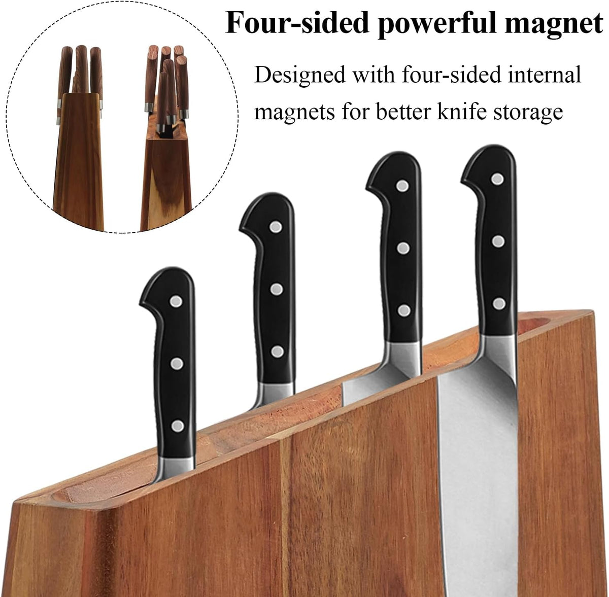 Magnetic Knife Block, Double Sided Magnetic Knife Holder Rack for Kitchen Counter, Acacia Wood Magnetic Knife Storage