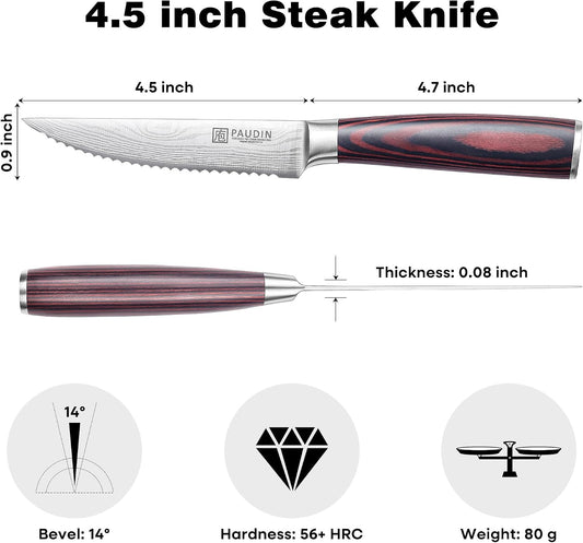 Steak Knives, Steak Knives Set of 6, Ultra Sharp 4.5 Inch Serrated Steak Knife, High Carbon Stainless Steel Steak Knife Set with Pakkawood Handle and Gift Box