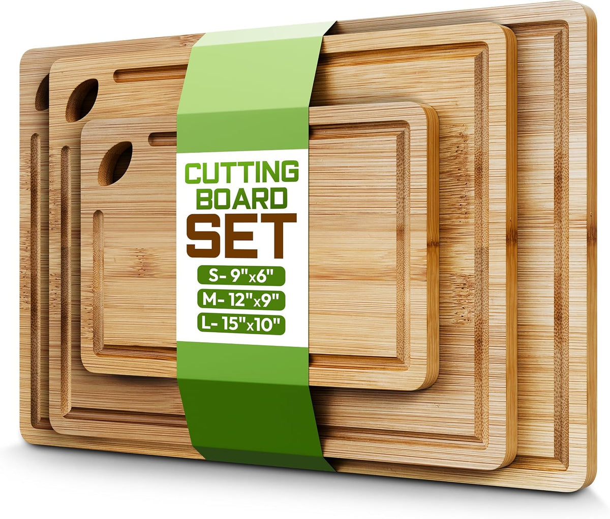 Bamboo Cutting Board Set of 3 (15x10, 12x9, 9x6) – Extra-Thick, Deep Juice Groove Wood Cutting Boards – Knife-Friendly for Kitchen Prep, Carving & Charcuterie – Easy to Clean