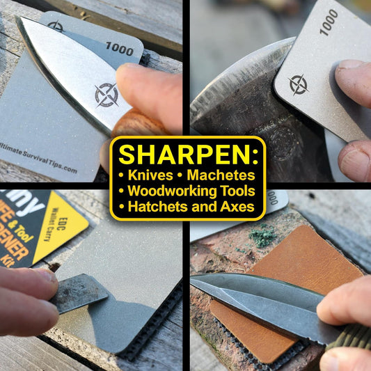 Tiny Survival KNIFE & TOOL Sharpener KIT - Ultimate 4-IN-1 EDC KIT: Double-Sided, Dual Grit, Credit Card Diamond Pocket Field Sharpening Stone DWS + Mini Strop + Stropping Compound + Grip Matt - GIFT