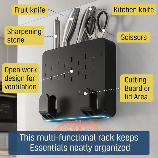Wall Mounted Knife & Cutting Board Holder – Self-Adhesive Pot Lid and Utensil Organizer with 4 Slots for Knives, Scissors & Kitchen Tools | Space-Saving Under Cabinet Storage Rack