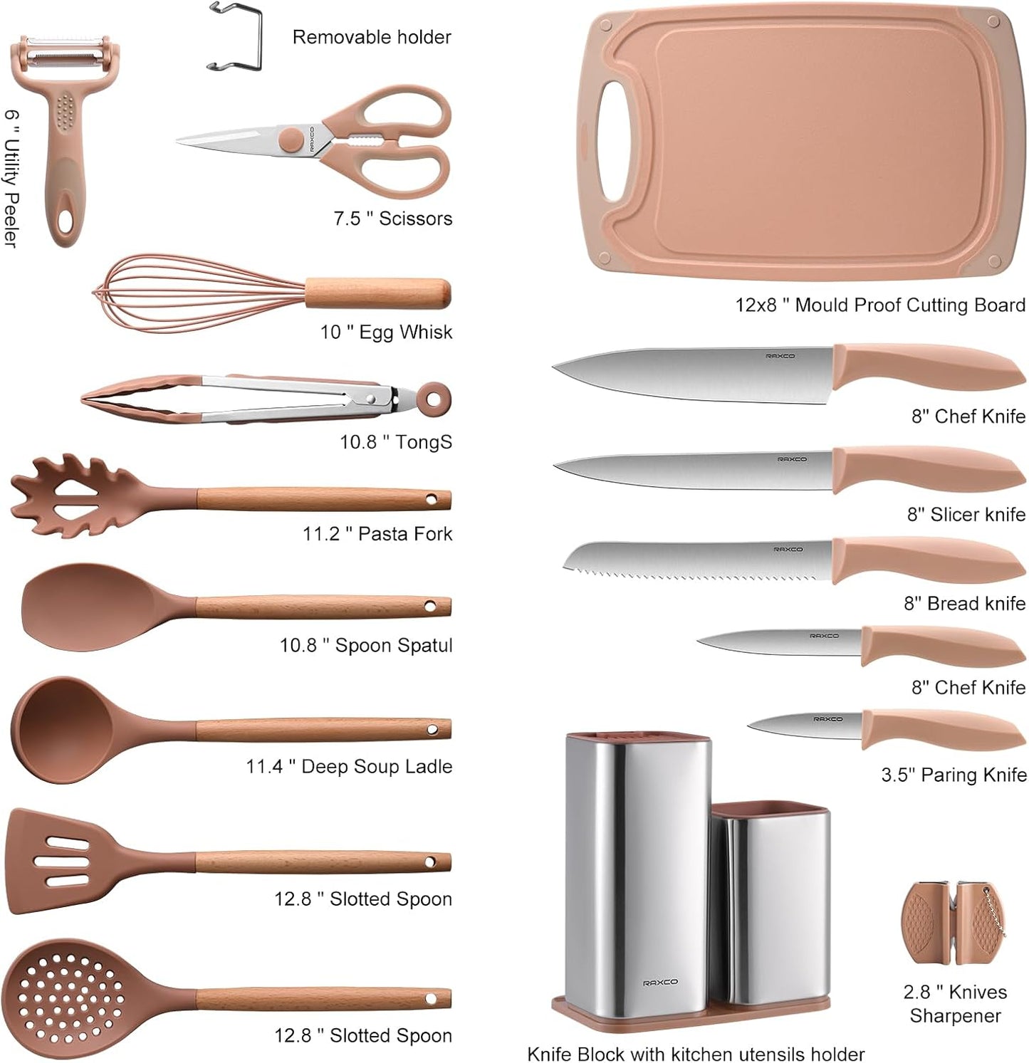 Kitchen Set,18-Piece Cooking Utensils and Kitchen Knife Set,Gray | 7-Piece Kitchen Utensils Heat-resistant to 410°F,5-Piece Sharp Knife,5-Piece Cooking Tools and Cutting Board In One