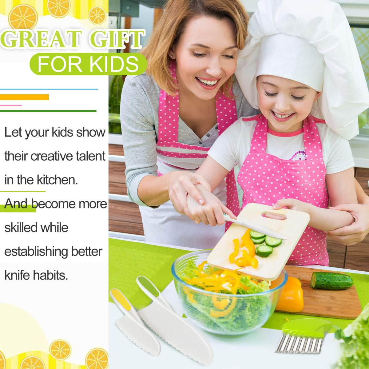9 Pcs Kids Kitchen Knife Set, Kids Knives For Real Cooking With Cutting Board, Y Peeler, Crinkle Cutter, Sandwich Cutter, Serrated Edges Plastic Toddler Knife Kid Safe Knives