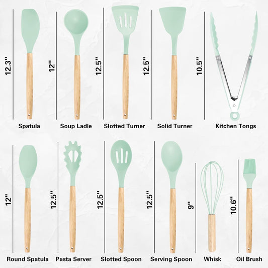 19PCS Green Kitchen Cooking Utensils Set Kitchen Tools Set | 6 Stainless Steel Knives, 11 Silicone Utensils with 1 Cutting Board, Ideal for Apartment