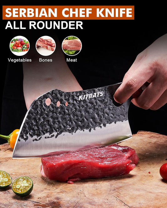 3PCS Butcher Knife Set, Razor Sharp Hand Forged Meat Cleaver & Boning Knives for Meat & Bone Cutting, Kitchen Knives for Cooking BBQ, Gift for Men & Women
