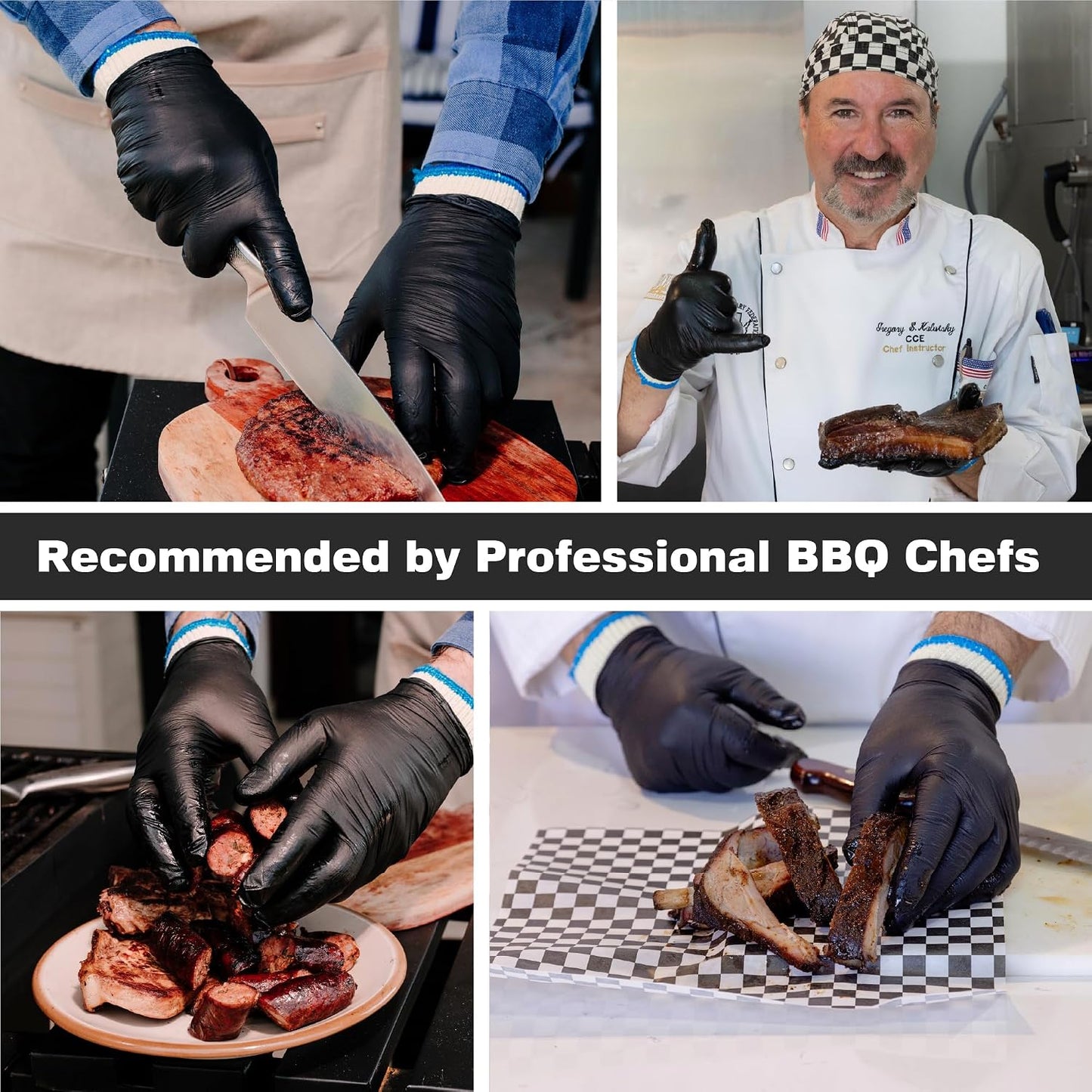 BBQ Gloves - Dual-Layer Heat Defense & Heat Gloves for Cooking - Non-Slip Nitrile Handling for Grilling Accessories - Ambidextrous Oven Mitts with Fingers - Large, Black, 6 Cotton Liners