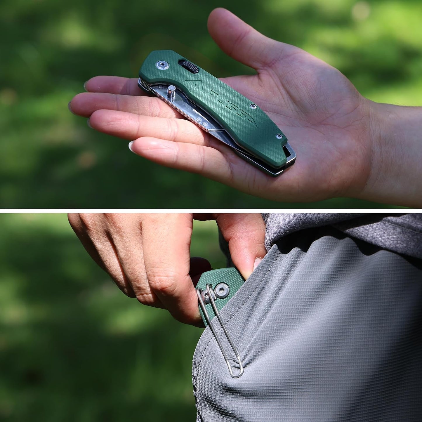 Replaceable Blade Folding Knife, 3-in-1 Pocket Hunting Knives, Liner Lock Knife for Hunting, Skinning & Field Dressing, Green G10 Handle, Includes 16 Blades
