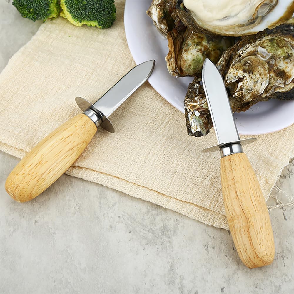 2PCS Oyster Knife Wooden Handle Stainless Steel Knife Home And Restaurant Oyster Shucking Tool Length 6.1 Inch For Clams Mussels Shellfish Seafood Shell Opener