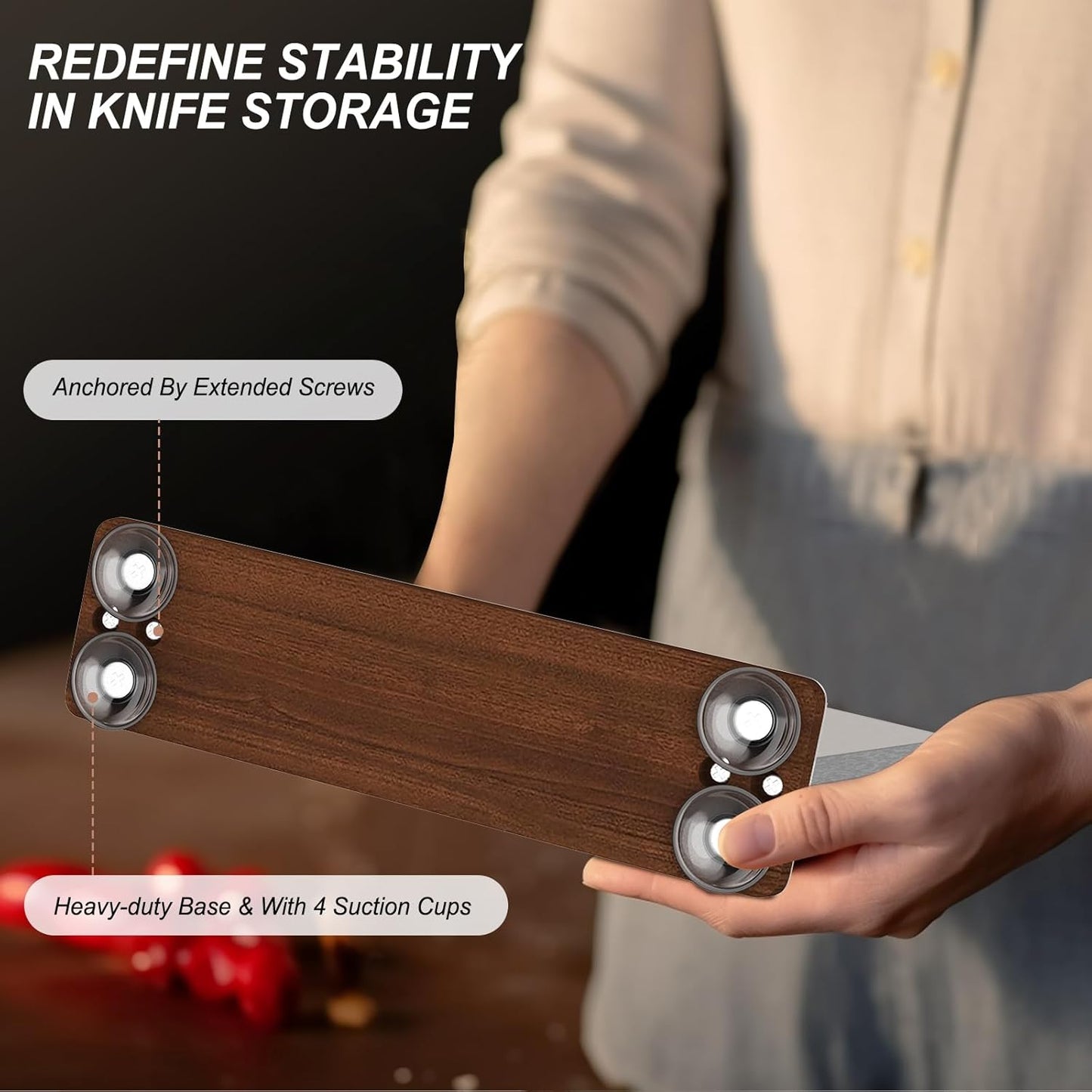 Magnetic Knife Holder, Stainless Steel Magnetic Knife Block without Knives, Strong Double Sided Magnet Knife Storage Strip with Wood Base for Kitchen Counter-Silver