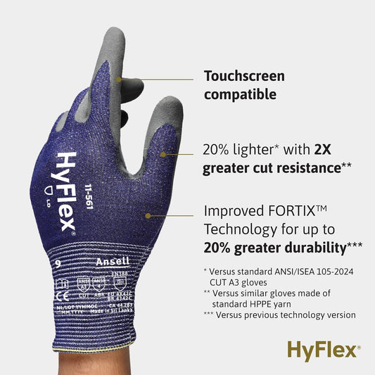 HyFlex 11-561 Ultra-Light Weight Cut-Resistant Gloves, LG, 12 Pairs | Blue, Size 9 (L), unisex, touchscreen, cut-resistant gloves with ANSI A3 protection, ideal for automotive & oil & gas