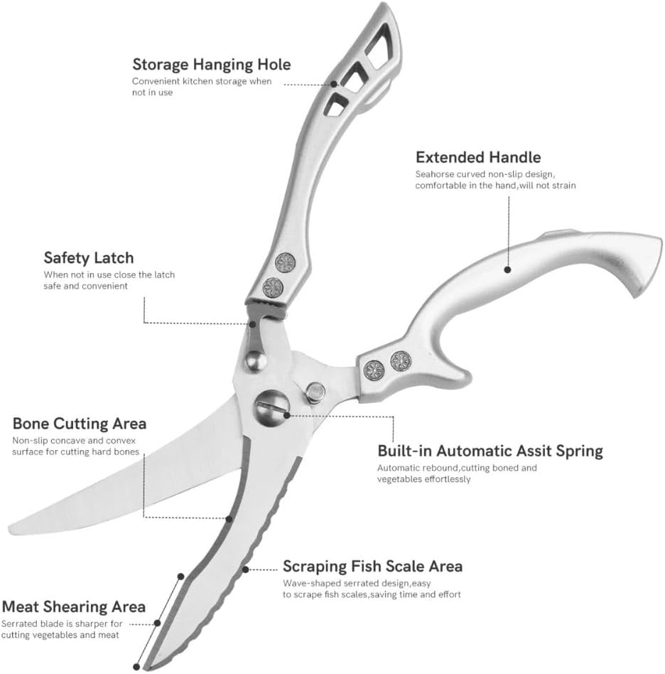 Heavy Duty Poultry Shears Kitchen Scissors Stainless Steel Chicken Scissors for Meat, Bone & Vegetables, Multipurpose Kitchen Shears with Safety Lock, Ergonomic Non-Slip Full Steel Handle