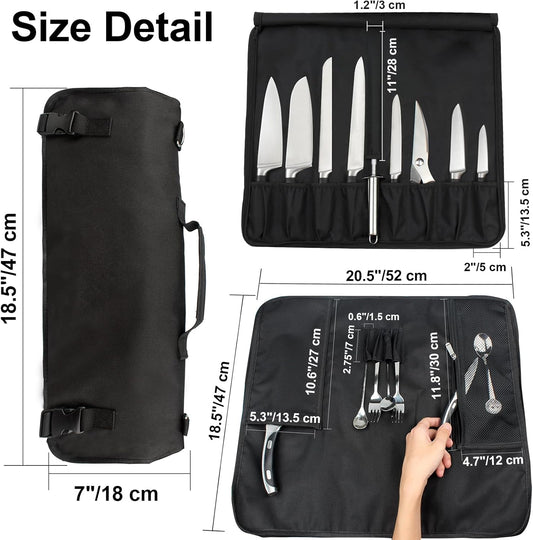 Chef Knife Roll Bag with Carry Handle and Shoulder Strap, Large Capacity Kitchen Knife Storage Bag, Portable Knife Carrying Case with Double Folded Design, Black
