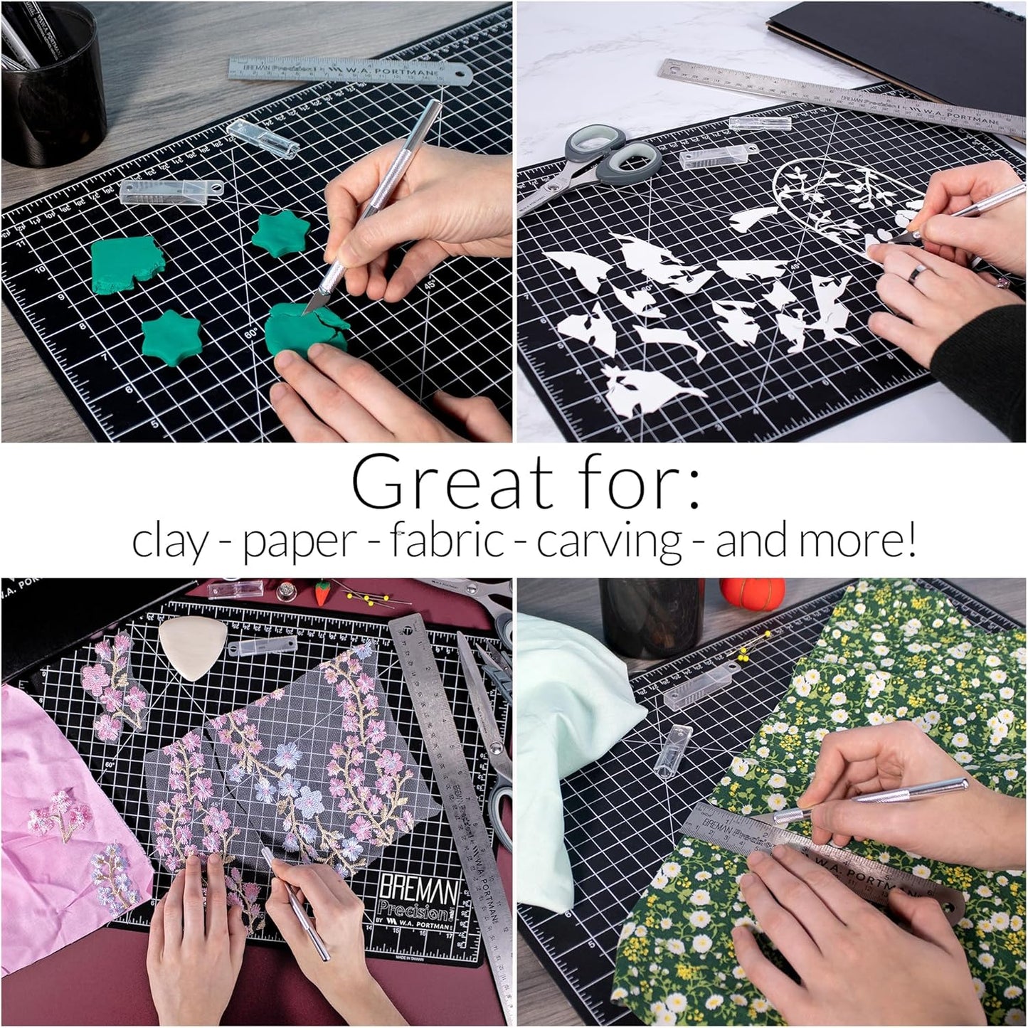 Fabric Cutting Mat with Craft Knife & Straight Edge Craft Ruler | This set includes 12x18 Inch Sewing Cutting Mat, 10pc #11 Blades, Xacto Craft Knife Set, & 18'' Cork Backed Metal Ruler Set