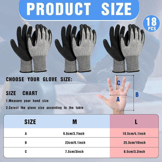18 Pairs Level 5 Cut Resistant Gloves Lightweight Protective Gloves with PU Coated Working accessories for Women Men
