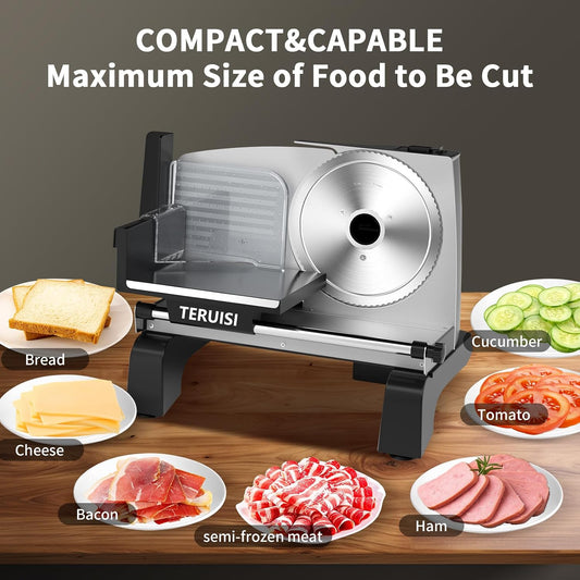 Electric Meat Slicer, 200W Deli Slicer with 2 Stainless Steel 7.5" Blades, 0-18mm Adjustable Thickness, Food Slicer Machine with Food Tray, Towel for Home, Bacon, Bread, Jerky, 110V Ham Slicer