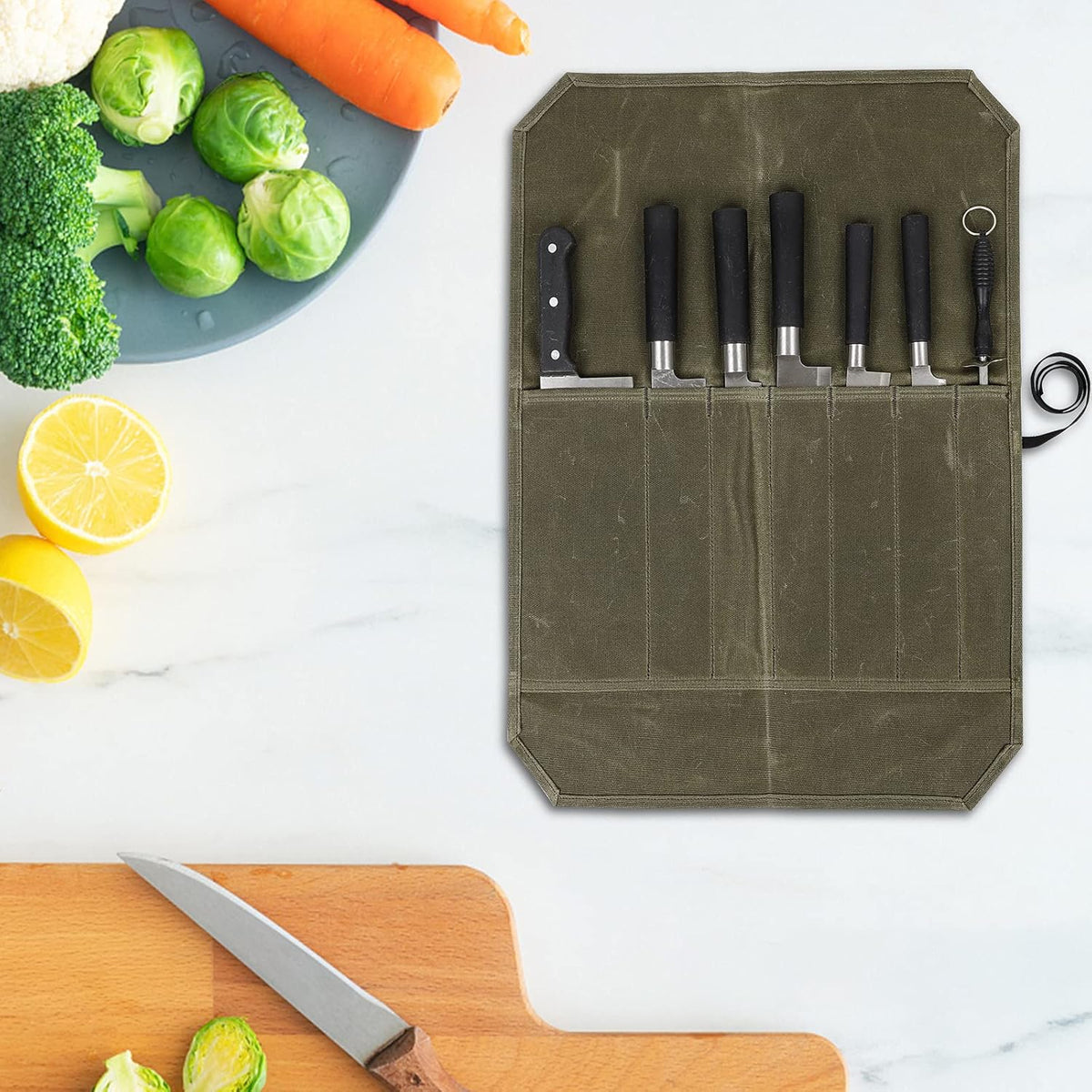 Knife Roll,Chef Knife Roll Bag,Waxed Canvas Knife Roll Case with 7 Slots,Portable Knife Wrap,Kitchen Knife Storage Case,Chef Tools Protector,Culinary Knife Bags,Travel Tool Roll Pouch,Knives Pouch