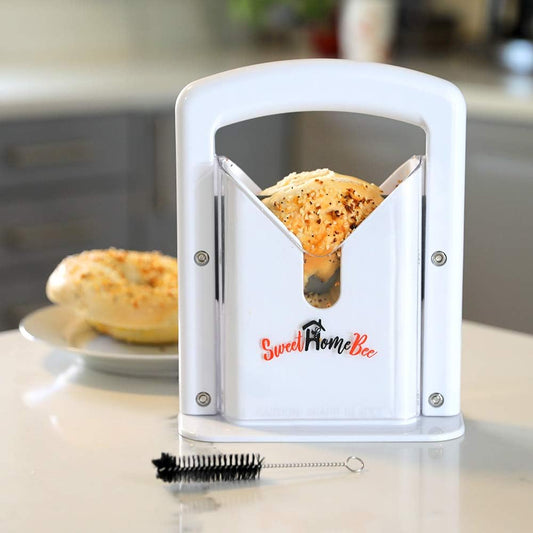 Bagel Slicer, Stainless Steel Kitchen Guillotine Cutter with Safe Grip and Safety Shield for Bagels, Breads, Muffins, Buns, Rolls - Fast, Easy And Safe, White