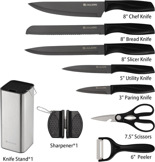 Knife set, 9 Pieces Knives Set for Kitchen with Block and Sharpener, Stainless Steel Dishwasher Safe Knives Set for Kitchen Home Use, Black
