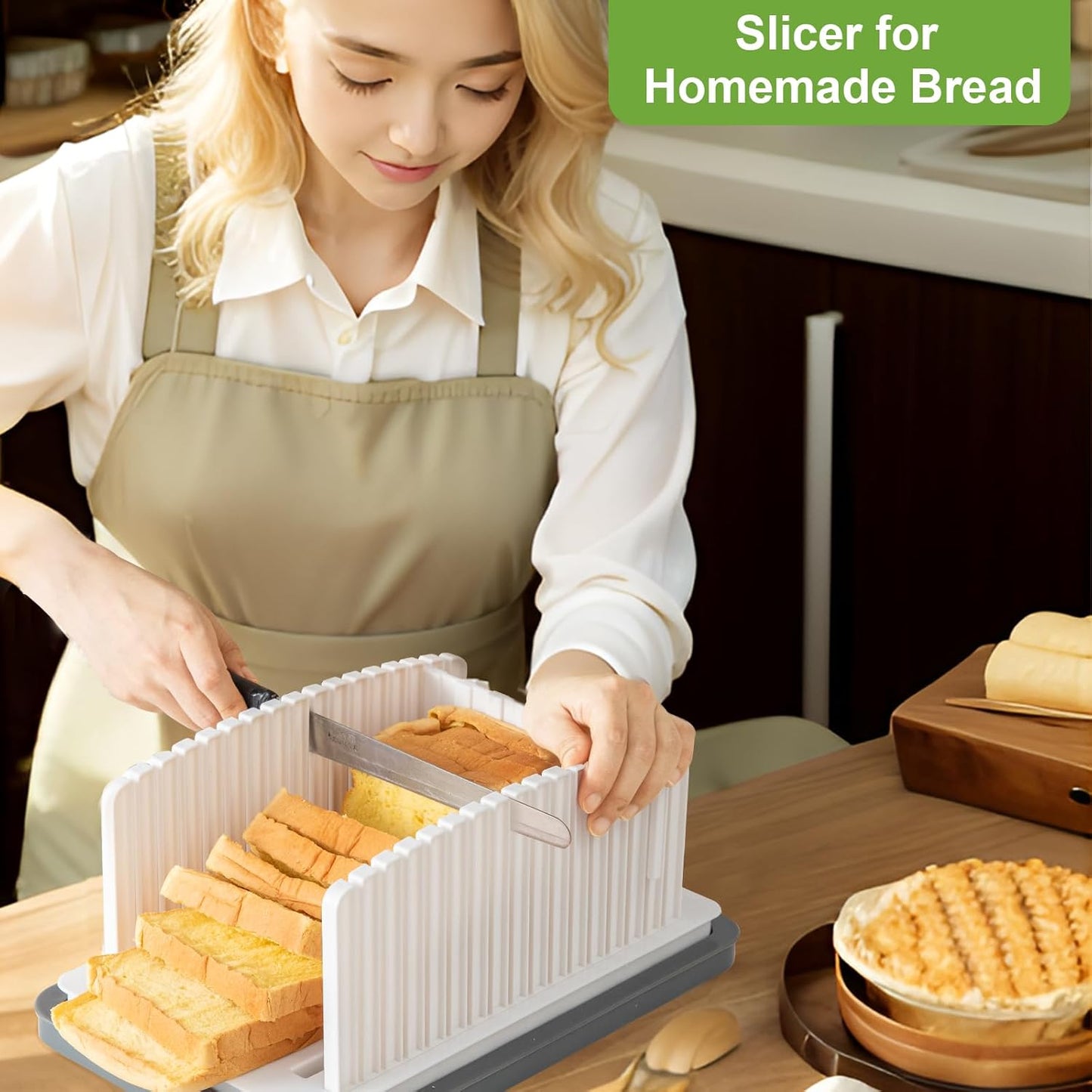 Heavily Upgraded Bread Slicer for Homemade Bread, Foldable plastic bread slicer, Adjustable width and guide rail, Suitable for homemade bread, sandwiches, bagels and cakes, Dishwasher Safe