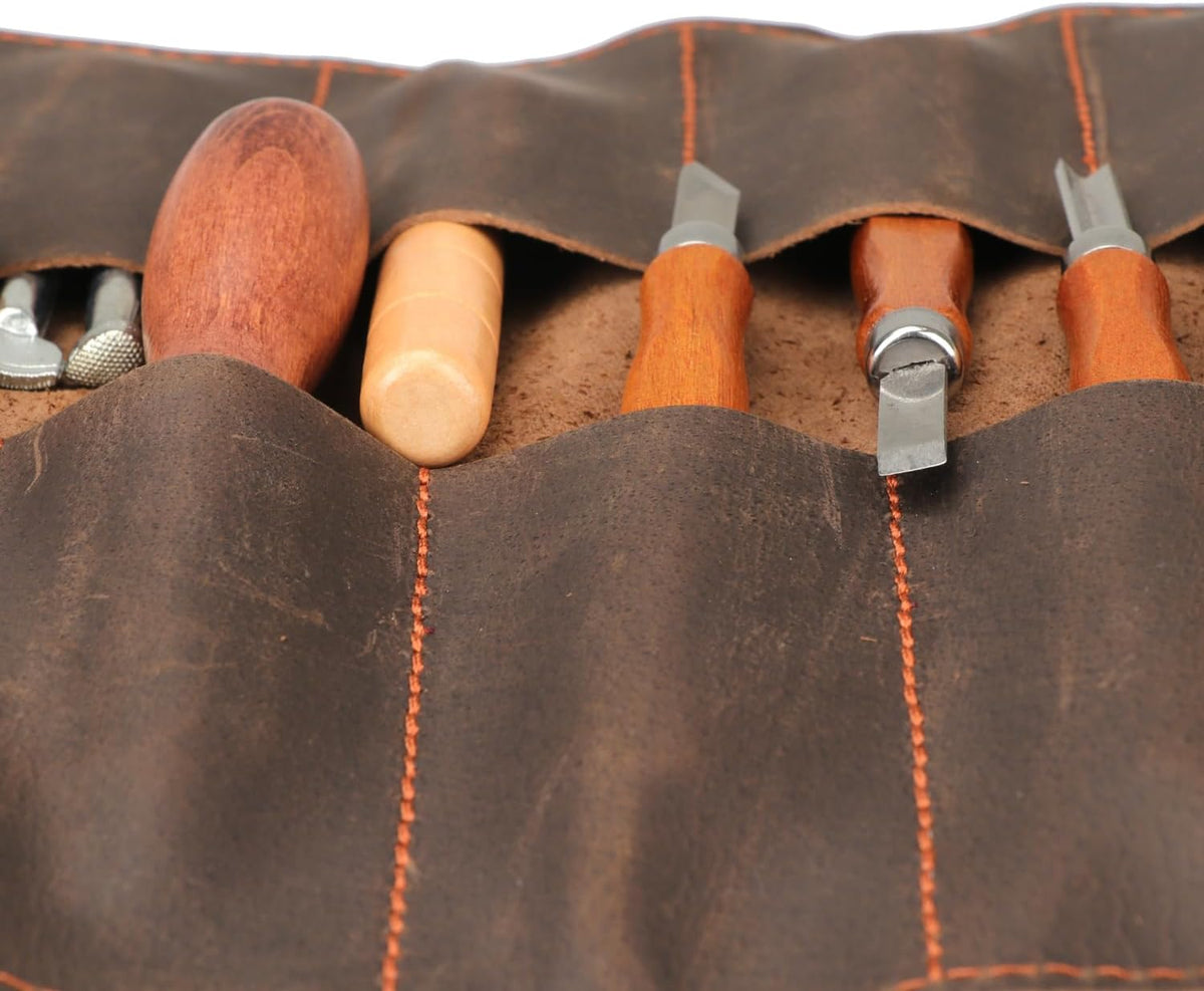 Full Leather Knife Roll Carving Tool Organizer Craft Carrier Storage Bag Case with 10 Slots