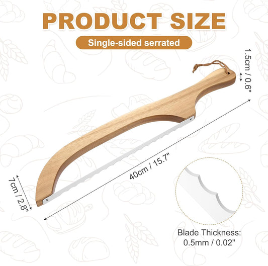 Bread Bow Knife, 16" Sourdough Knife with Cover Wooden Bread Slicer Stainless Steel Single-Sided Serrated Cutter for Homemade Bagels Baking, Deep Teak