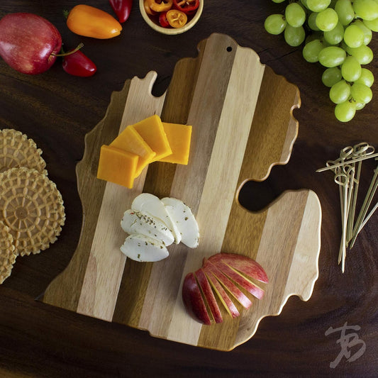 Rock & Branch Shiplap Michigan State Shaped Wood Cutting Board | State charcuterie board with a rustic shiplap look. Knife-friendly surface for food prep. Hang tie for wall display.