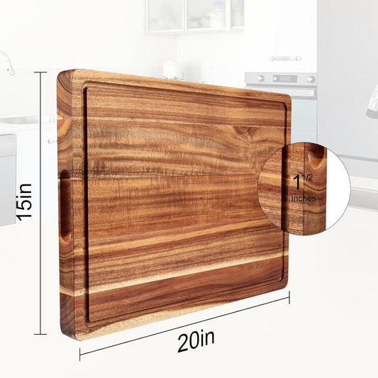 20 x 15 In Extra Large Acacia Wood Cutting Board, 1.5" Thick Kitchen Cutting Boards with Handle & Juice Groove, Butcher Block, Wooden Carving Board for Meat and Chopping Vegetables