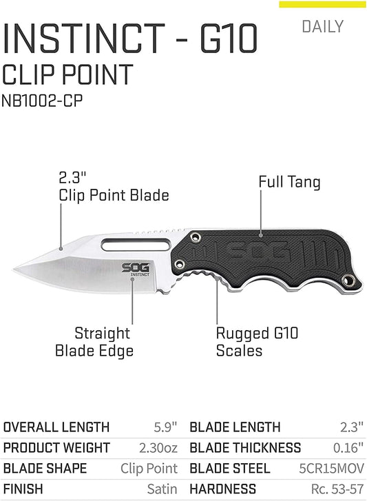 Small Fixed Blade Knife - Instinct Boot Knife, EDC Knife, Neck Knife, 2.3 Inch Full Tang Blade w/ Knife Sheath and Clip, 4in. x 1in. x 8.5in. (NB1012-CP) , Black