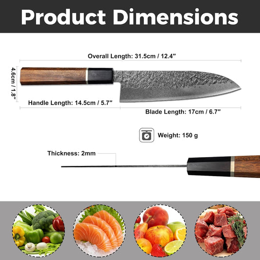 7'' Santoku Knife, Black Stonewashed High-Carbon Steel Japanese Kitchen Knife, Hand Forged Ultra Sharp Asian Chef Knife with Ergonomic Wood Handle and Gift Box
