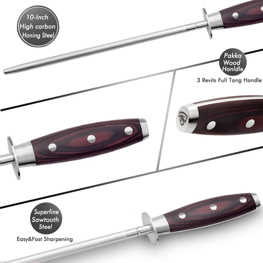 Professional 10-Inch Knife Honing Steel with Pakkawood Handle