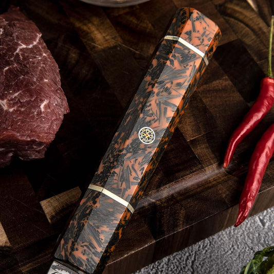 Seido Epokishi 8.5 Inch AUS-10 Damascus Kiritsuke Knife, Orange Resin | Japanese-style kiritsuke knife with AUS-10 steel, 67-layer Damascus finish, and vibrant orange resin handle.